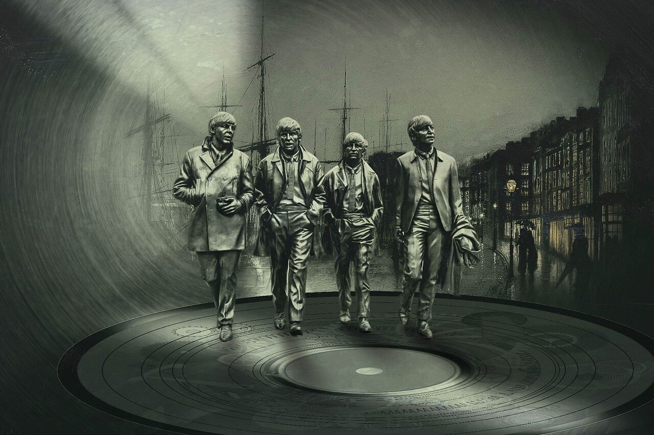The scene captures a vibrant celebration of The Beatles' music, highlighting their enduring influence on popular culture during the 60th anniversary of their groundbreaking albums