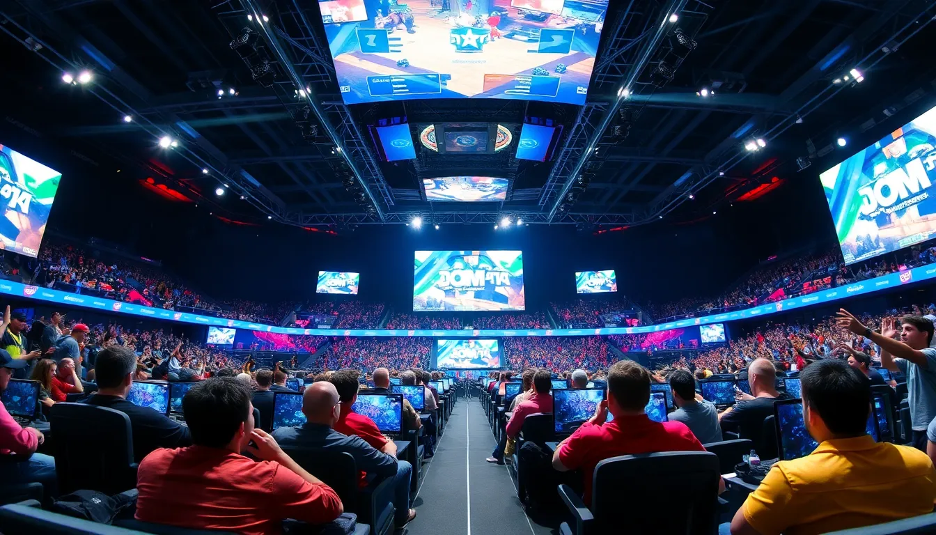 A large crowd gathers in an arena, cheering enthusiastically as players compete on stage during a major esports tournament.