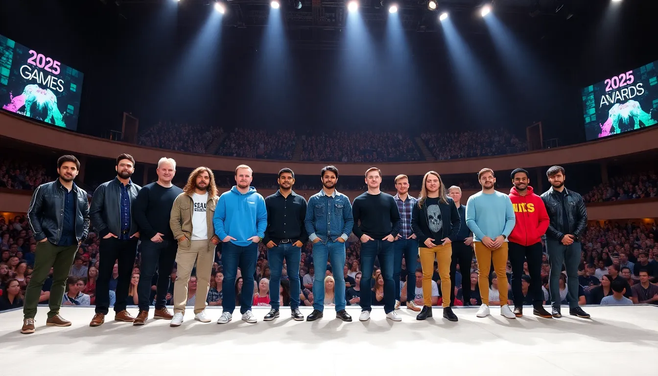A diverse audience cheers and applauds as the winners of The Game Awards 2025 are announced on stage, with colorful lights illuminating the venue.