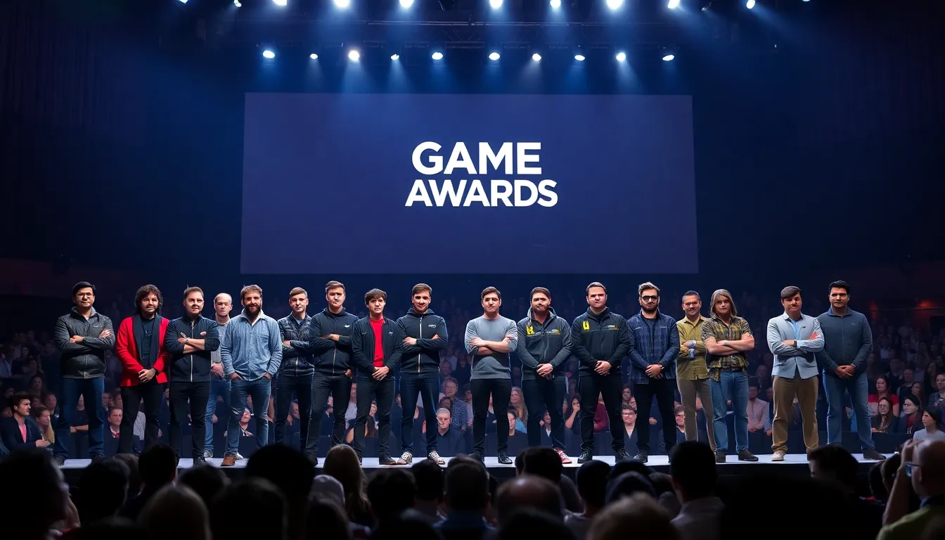 Celebrated game developers and celebrities mingling on stage, highlighting the event's blend of talent and recognition