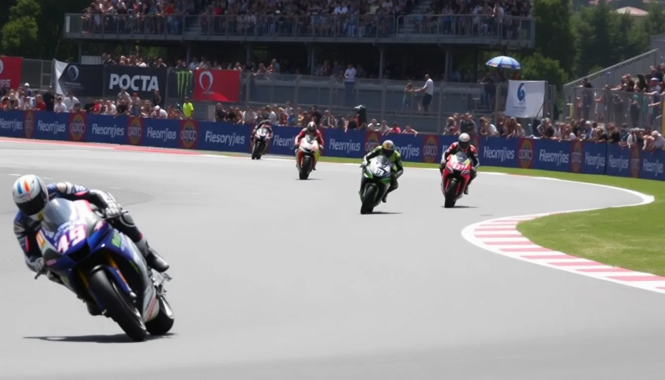 Alex Rins celebrates on the podium after winning the Italian Grand Prix, surrounded by cheering fans and fellow competitors.