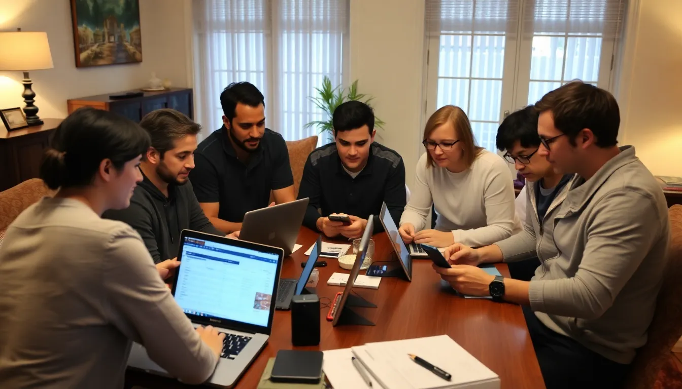 A group of gamers eagerly discusses their PlayStation WrapUp reports in a lively living room, surrounded by gaming consoles and snacks.