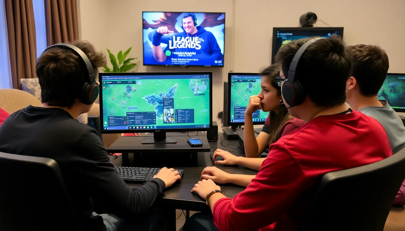 Enthusiastic fans cheering during a League of Legends esports tournament, with screens displaying intense gameplay and team logos