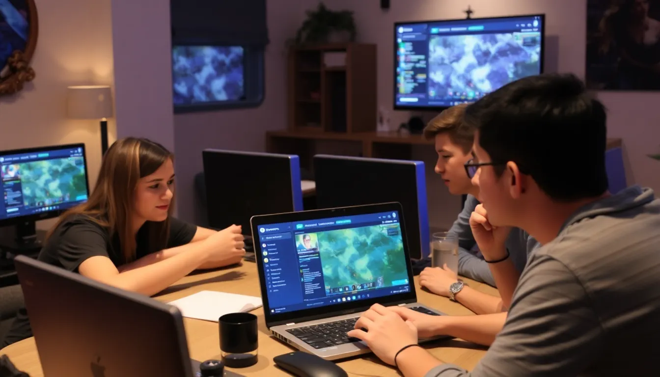Gamers collaborating in a voice channel, strategizing their next move in a League of Legends match while enjoying a lively conversation