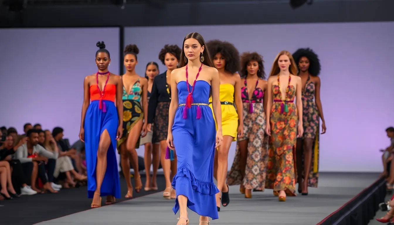 Models walk down a brightly lit runway showcasing bold, colorful outfits adorned with tassels and intricate embellishments during a major fashion week event.