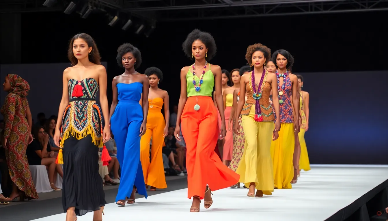 A lively street scene where fashion influencers display eclectic styles, highlighting the influence of social media on modern fashion trends