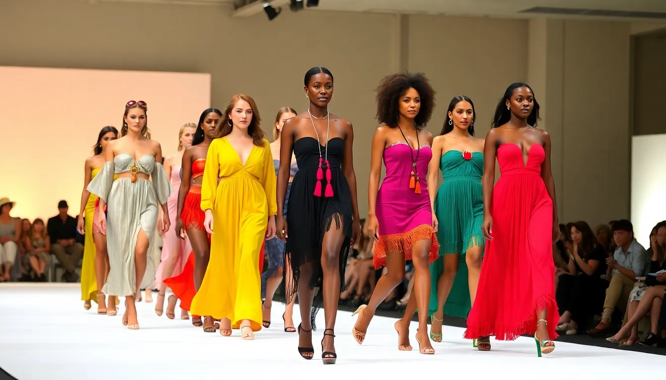 A collection of sustainable clothing pieces featuring bright colors and bold designs, demonstrating the blend of style and responsibility in the evolving fashion landscape