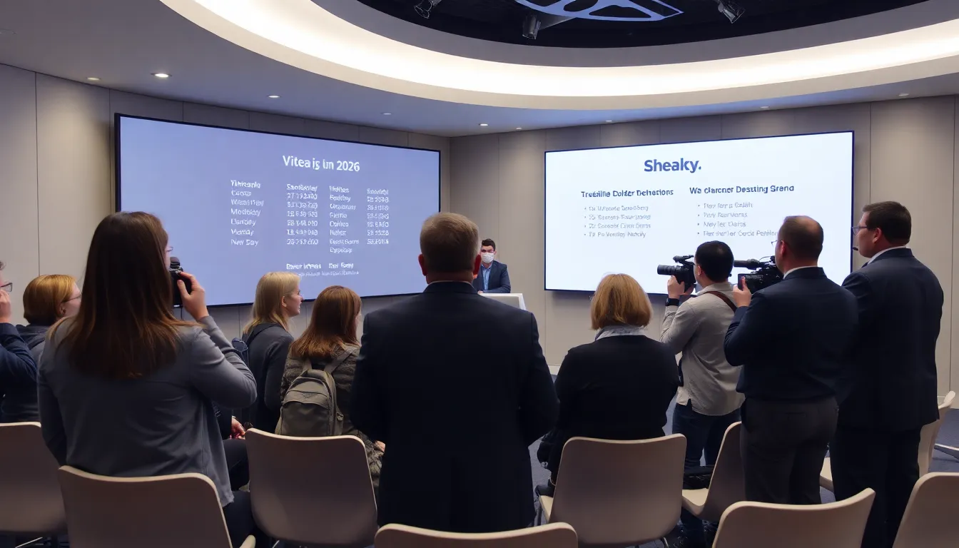 A bustling television network office showcases executives discussing the upcoming 2026 release calendar, with promotional posters of new series prominently displayed on the walls.