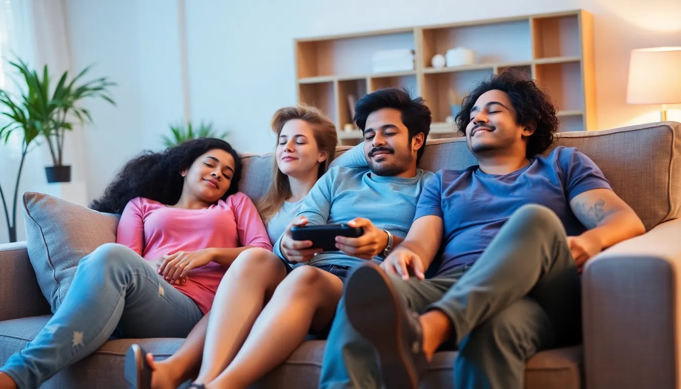 A group of friends gathered around a television, sharing their reactions while watching a gameplay stream, illustrating the influence of social media on gaming culture