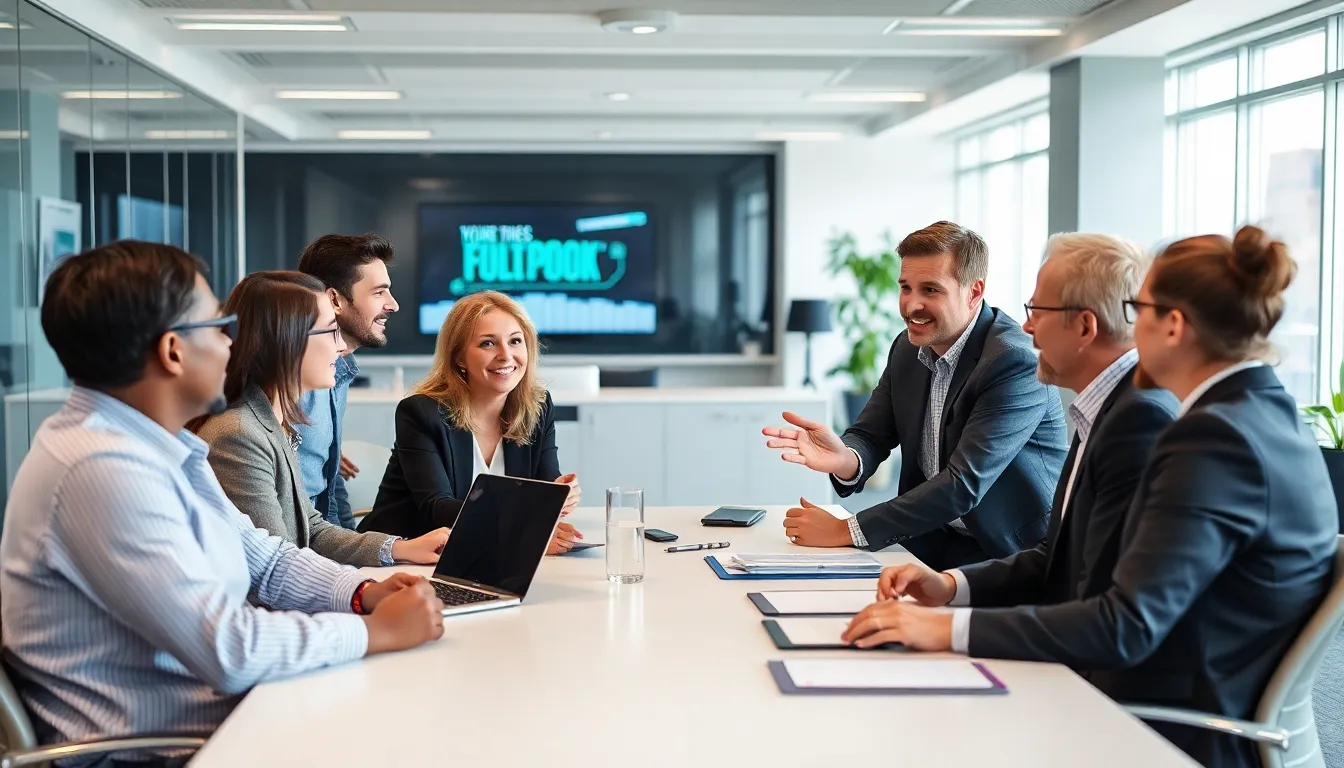 A group of business professionals discusses strategies for improving website accessibility in a modern conference room.