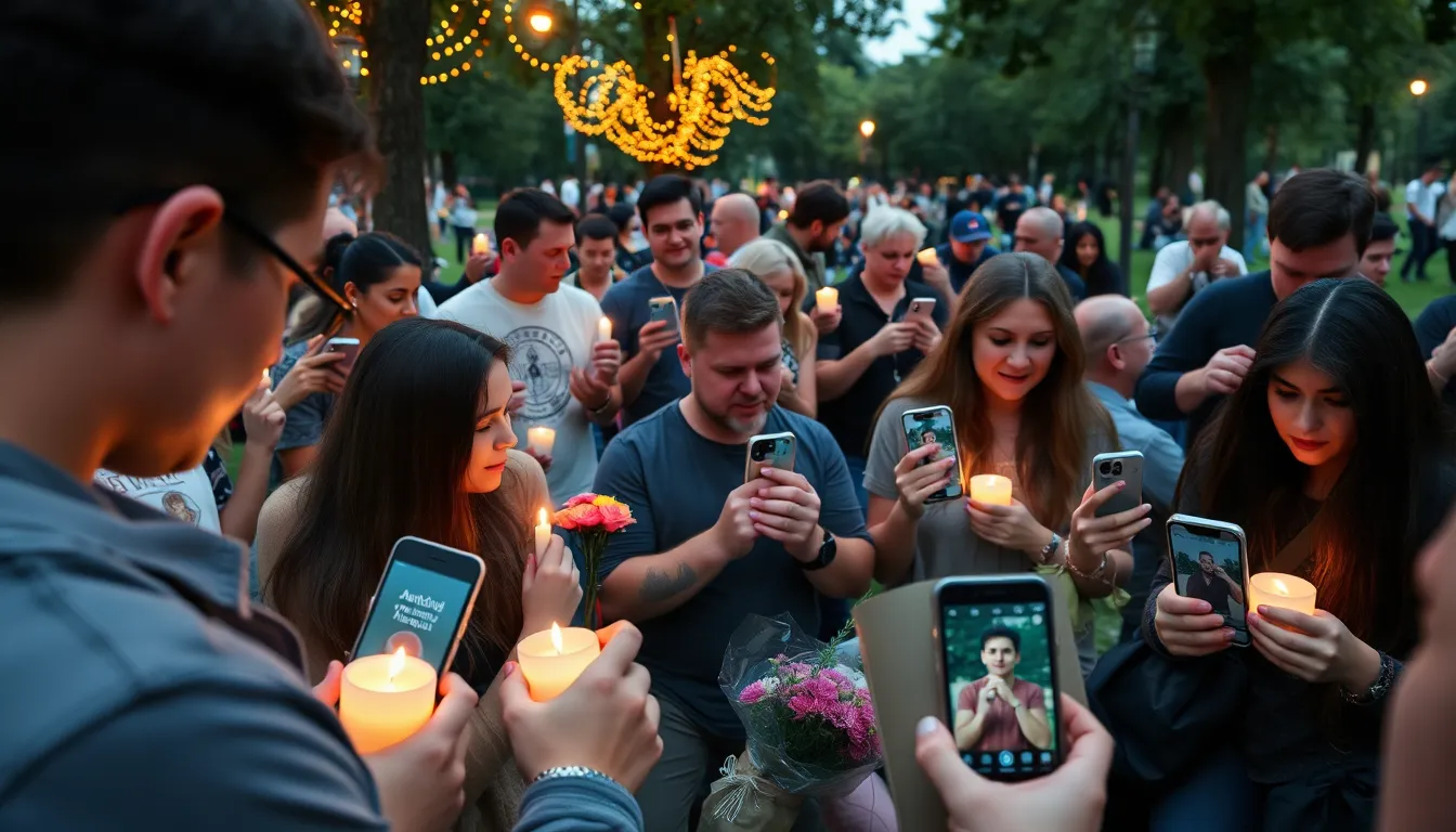 A crowd of fans and fellow creators gather outside a memorial site, holding candles and flowers in tribute to YouTuber Adam The Woo, who was recently found dead at the age of 51.