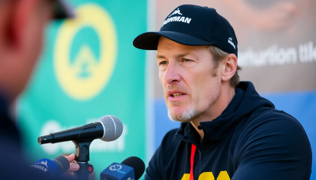 The Ironman world champion sits in a dimly lit room, visibly emotional as they share their struggles with selfpoisoning during a candid interview.