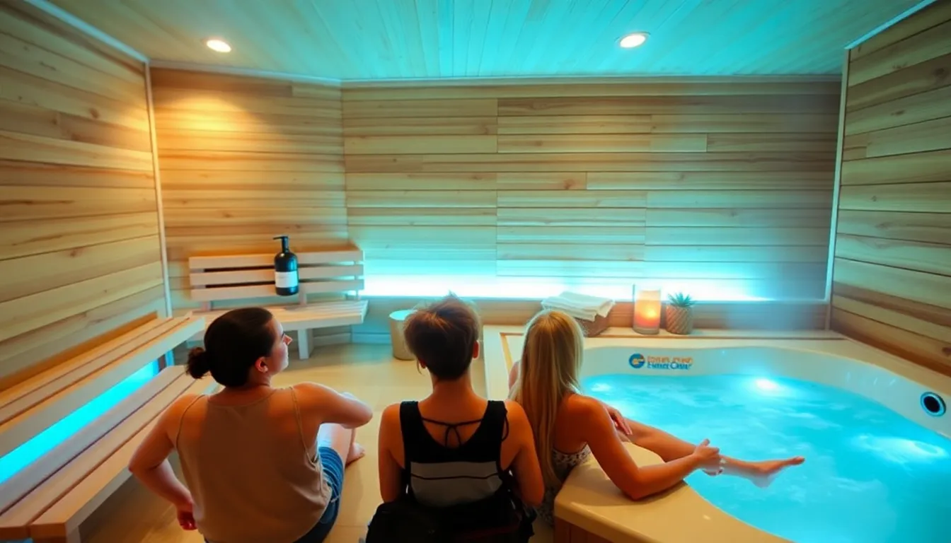 A cozy Airbnb listing features a wooden sauna and a hot tub on a private deck surrounded by lush greenery, inviting guests to unwind in a serene setting.