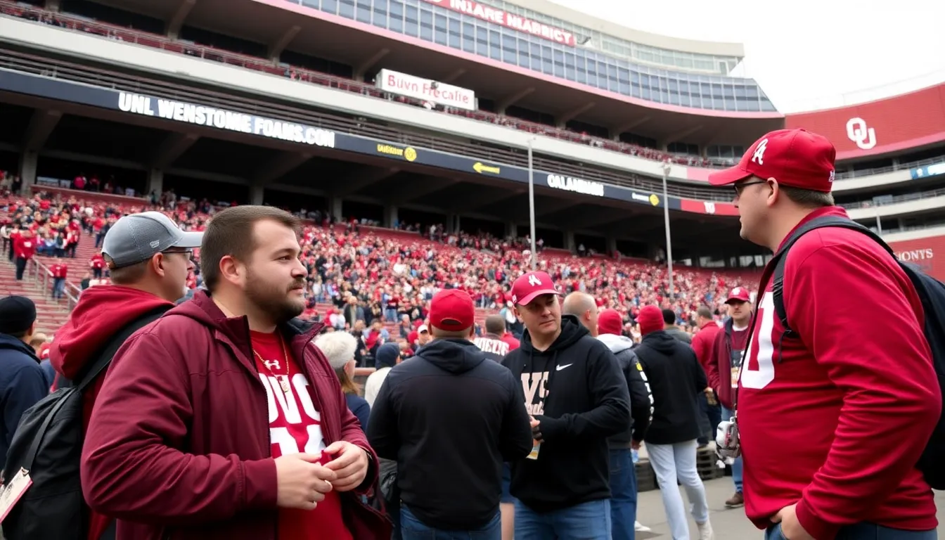 Fans gather in a packed stadium, wearing team colors and holding banners, as they eagerly await the kickoff of the Alabama vs Oklahoma College Football Playoff semifinal.