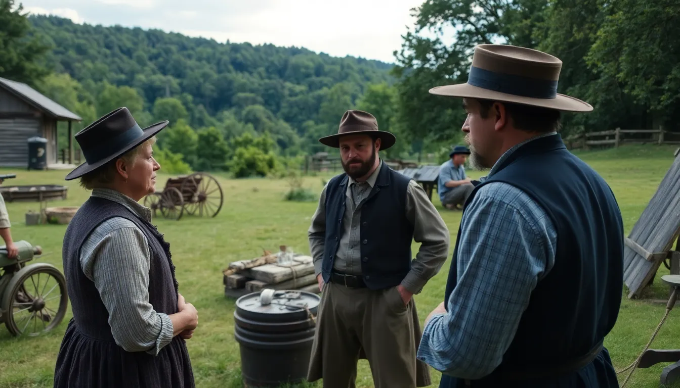 A group of actors, including Bethany Joy Lenz and Benjamin Ayres, stands together on a set designed to resemble a 19thcentury town, preparing for a scene in the upcoming prequel series about Hope Valley.