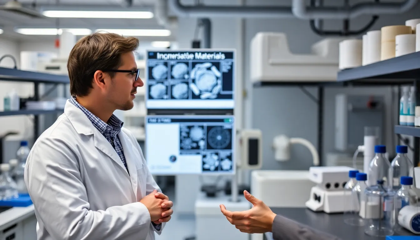 Researchers in a laboratory examine samples of a rare wonder material, surrounded by advanced equipment and notes detailing production methods and sustainability concerns.