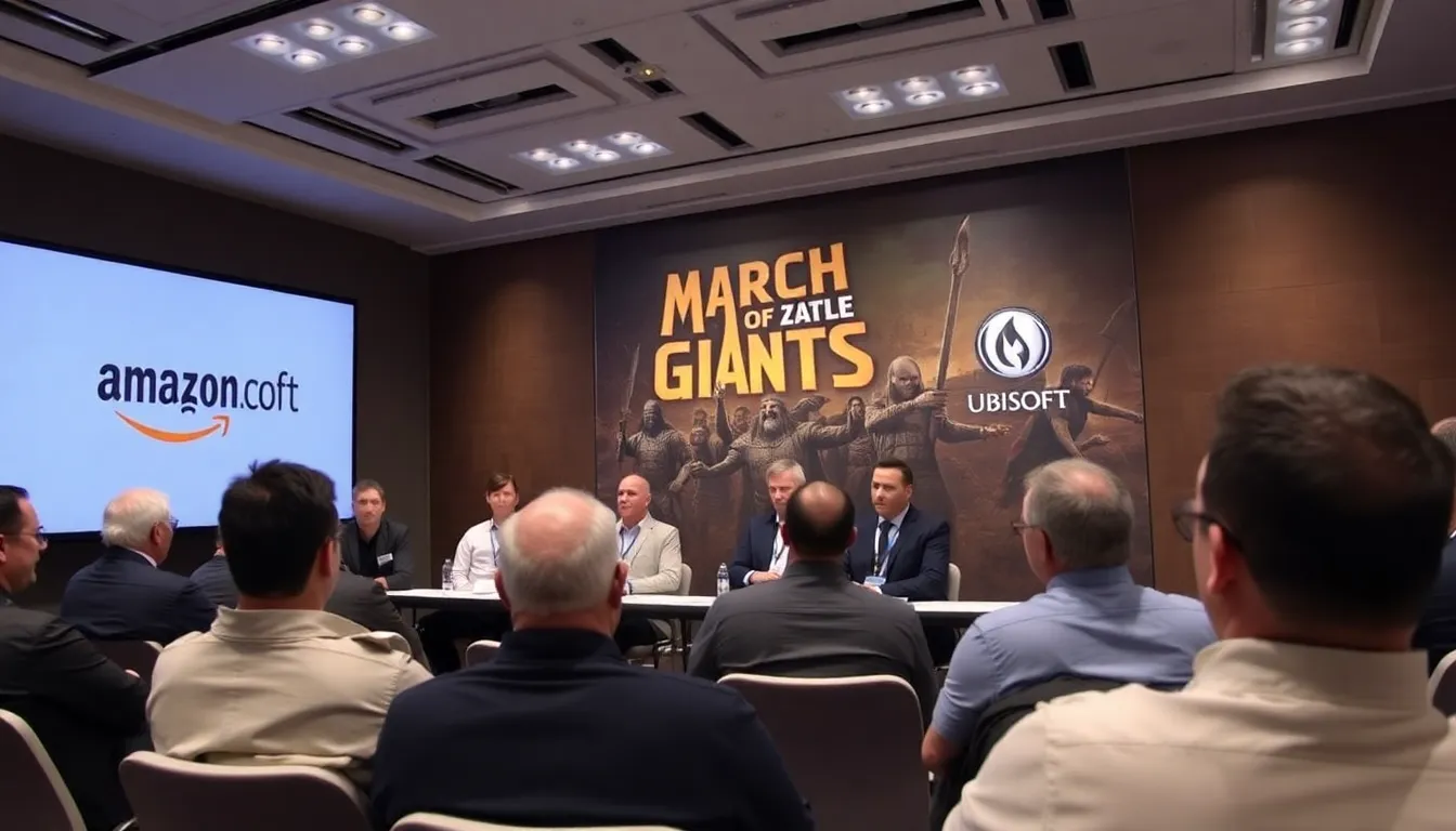 A group of game developers from Amazon celebrates their transition to Ubisoft after the sale of March of Giants, showcasing a mix of excitement and uncertainty about the future.