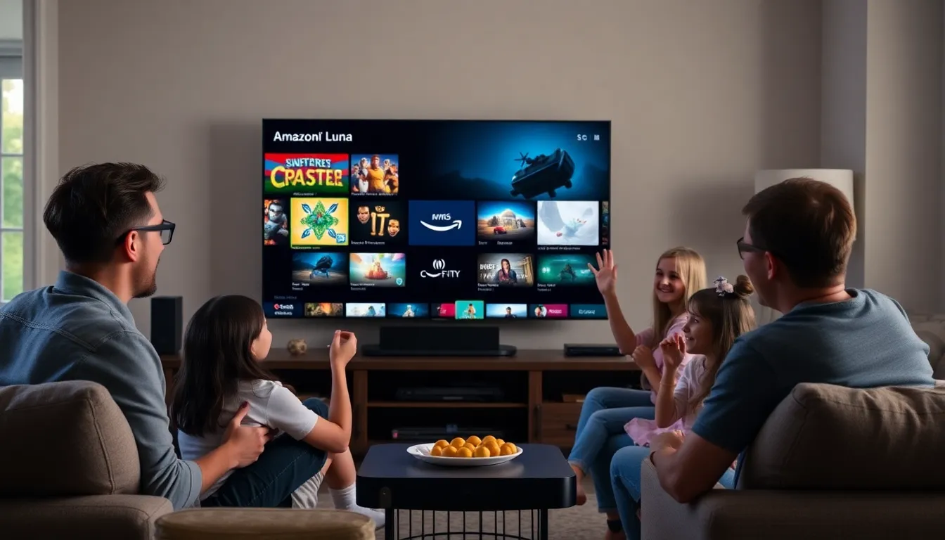 A person is seen using an Xfinity remote control to access Amazon Luna's cloud gaming service on a television screen in a cozy living room setting.