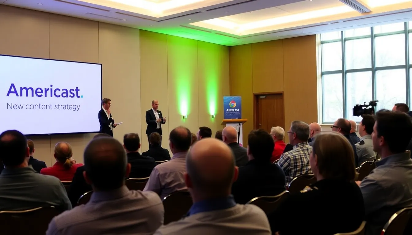 A group of media executives discusses strategies for enhancing Americast's content offerings during a conference on broadcasting trends.