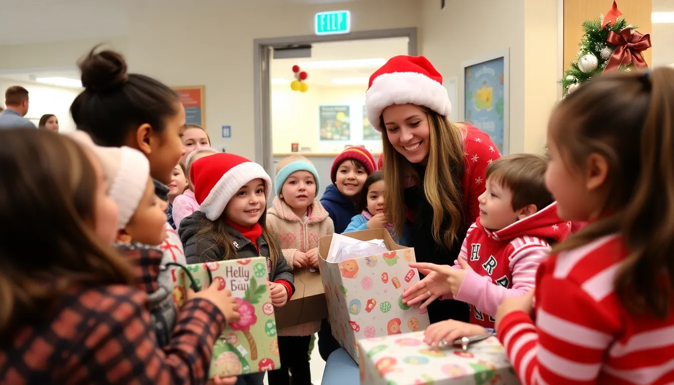 Andrea Kimi Antonelli smiles as he hands a colorful gift to a young child in a hospital room, surrounded by festive decorations and attentive hospital staff.