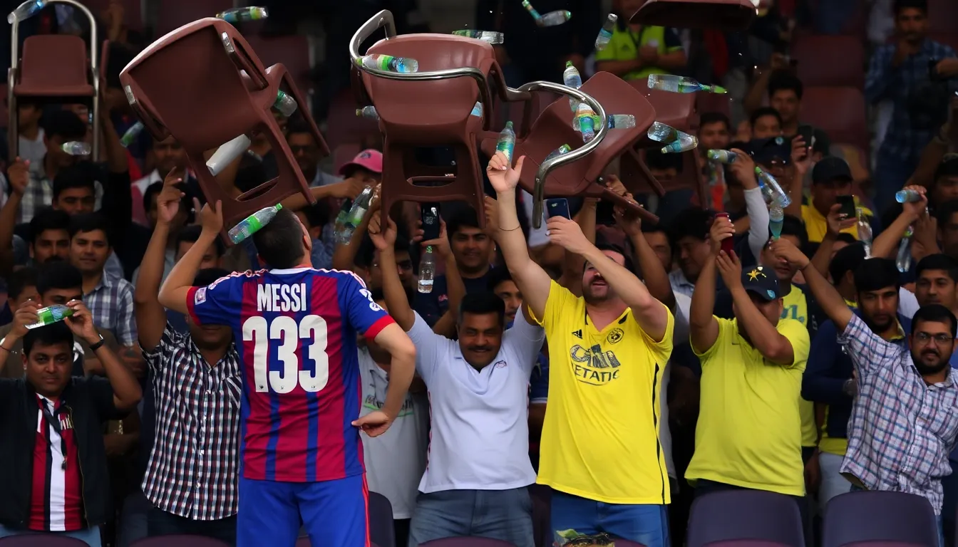 A crowd of passionate fans showing their emotions as they react to the perceived mismanagement of the event