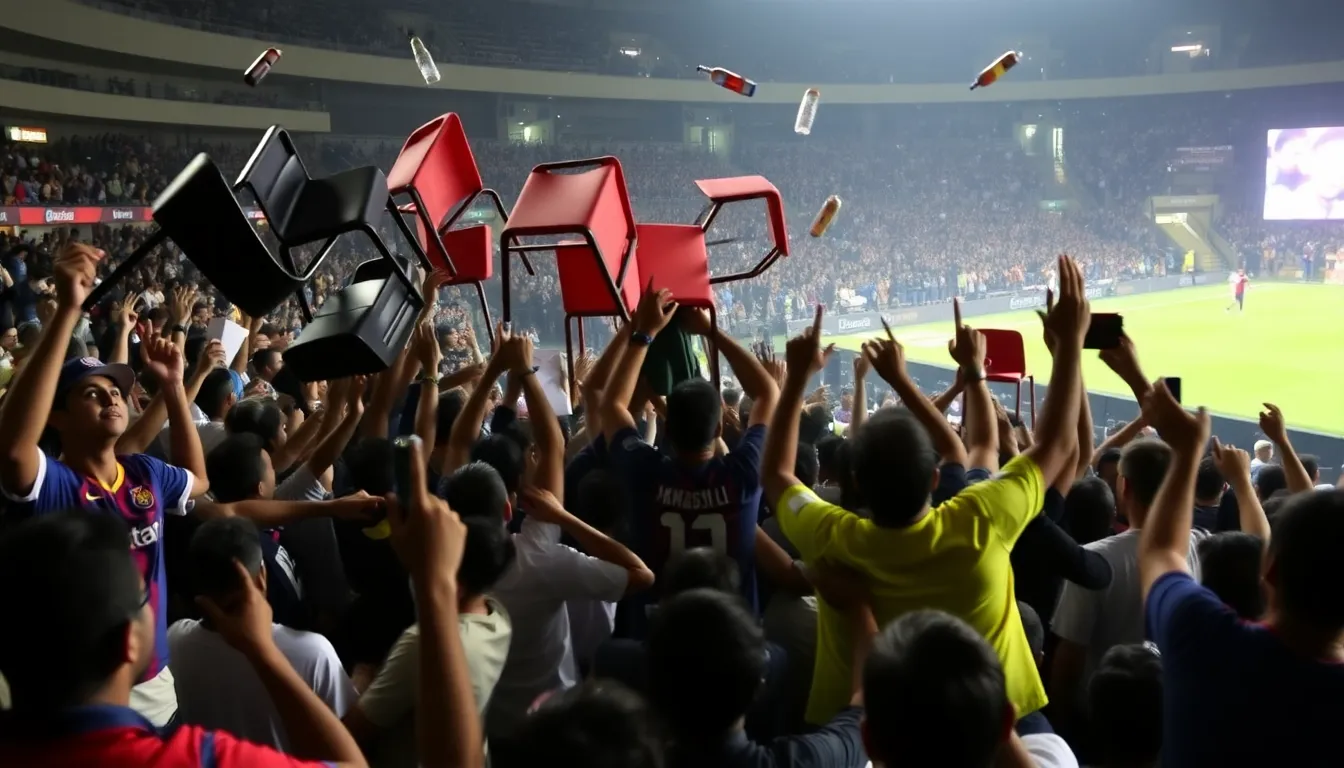 Frustrated fans express their anger by throwing chairs and bottles onto the stage during Lionel Messi's promotional event in Mumbai.