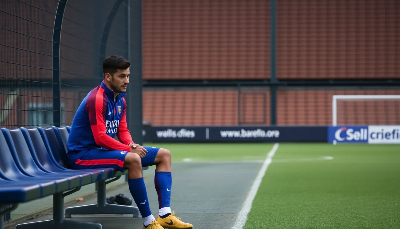 Barcelona defender Ronald Araujo stands on the training field, looking contemplative as he prepares to take a break for his mental health amidst a challenging season for the team.