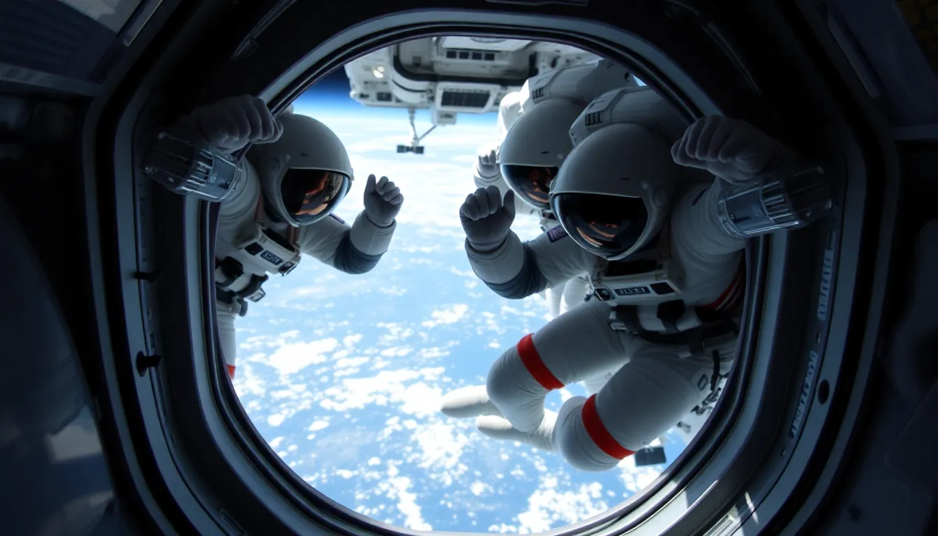 Astronauts celebrate their successful return to Earth after months aboard the International Space Station, surrounded by ground crew and family members at the landing site.