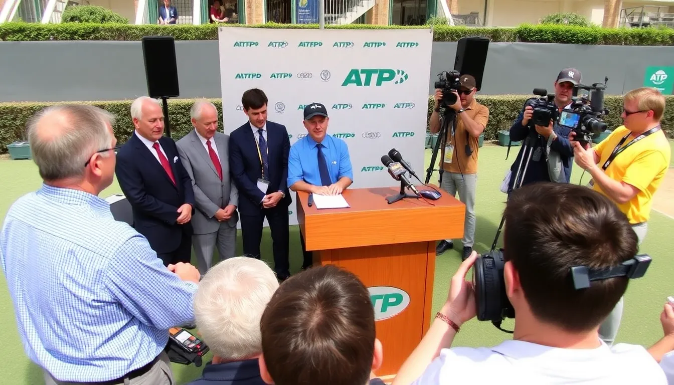 Tennis players gather on the court during a meeting to discuss new ATP regulations aimed at ensuring player safety in extreme heat conditions.