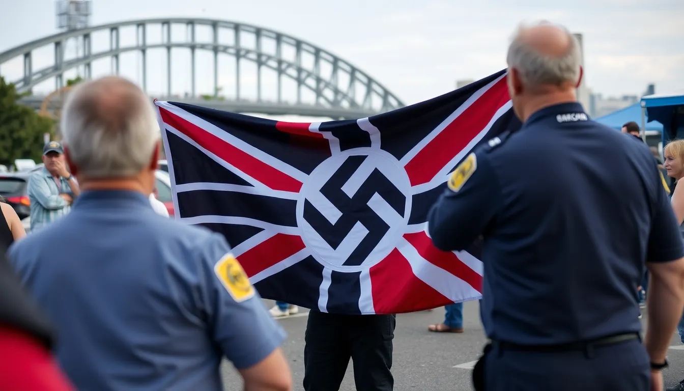 A crowd gathers in Melbourne as police arrest a man for displaying Nazi symbols during a protest, highlighting ongoing tensions surrounding hate speech laws in Australia.