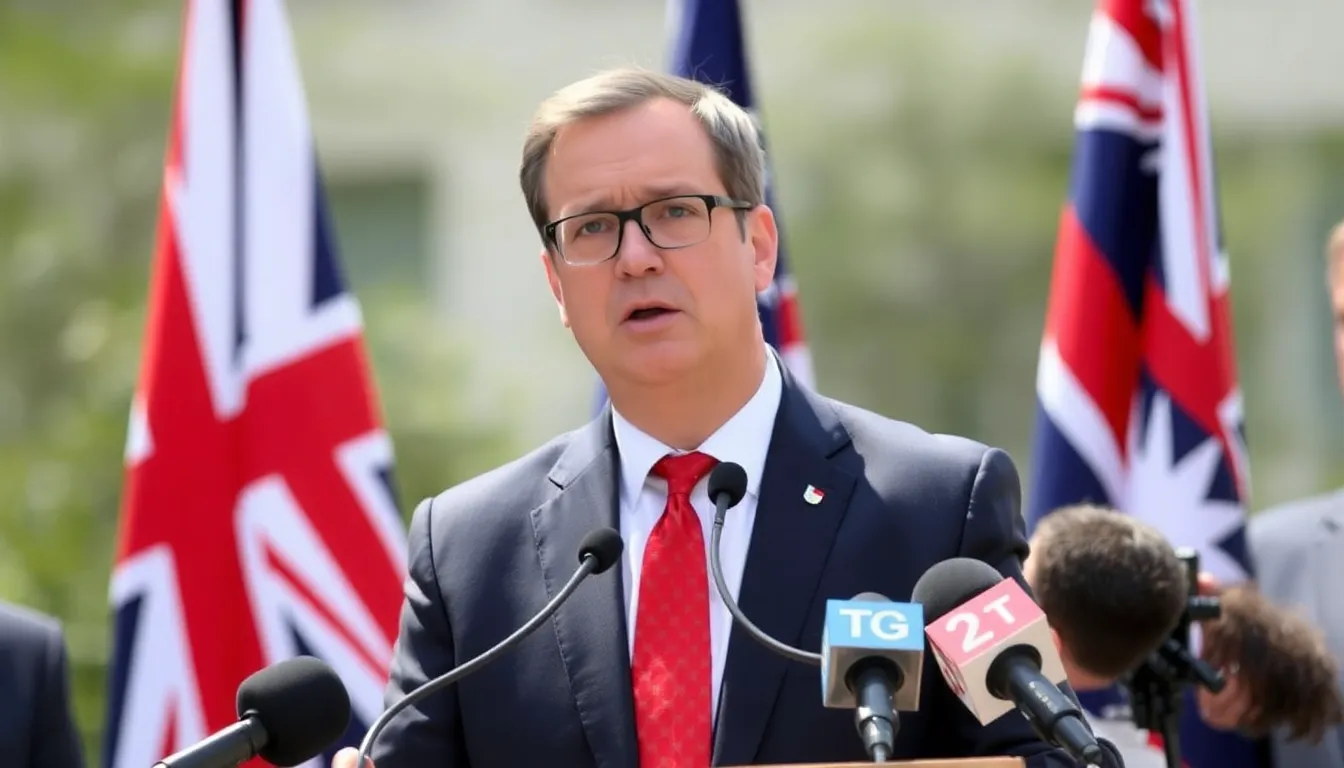 Australian Prime Minister speaks at a podium, addressing the media about a new intelligence review in response to the recent Bondi attack, while a somber crowd listens attentively in the background.