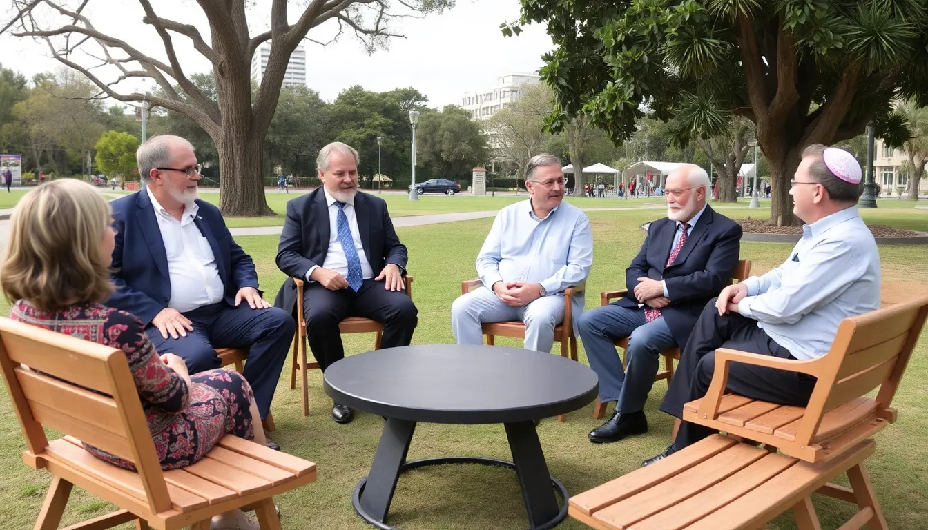 A group of Jewish Australians gathers in a park in Bondi, sharing stories and enjoying a cultural event amidst a supportive community atmosphere.