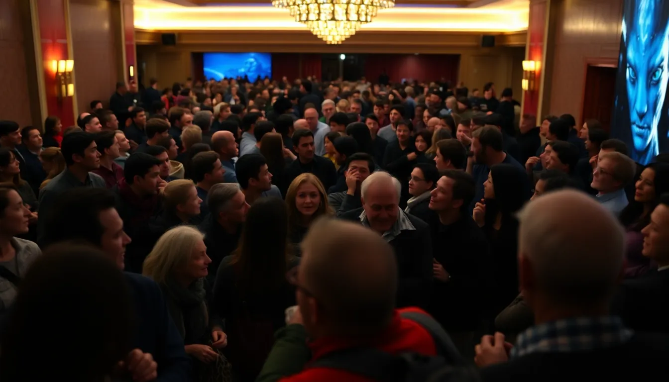 A crowded movie theater buzzes with excitement as audiences gather to watch Avatar Fire and Ash, showcasing the film's popularity during the postChristmas box office surge.
