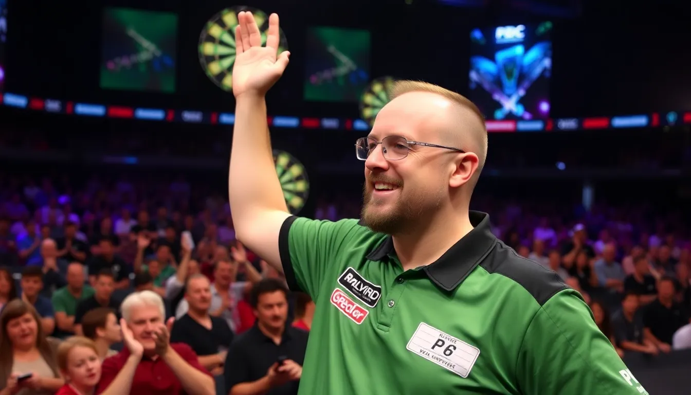 Michael van Gerwen celebrates his victory with a triumphant gesture, showcasing his confidence as a leading competitor in the tournament