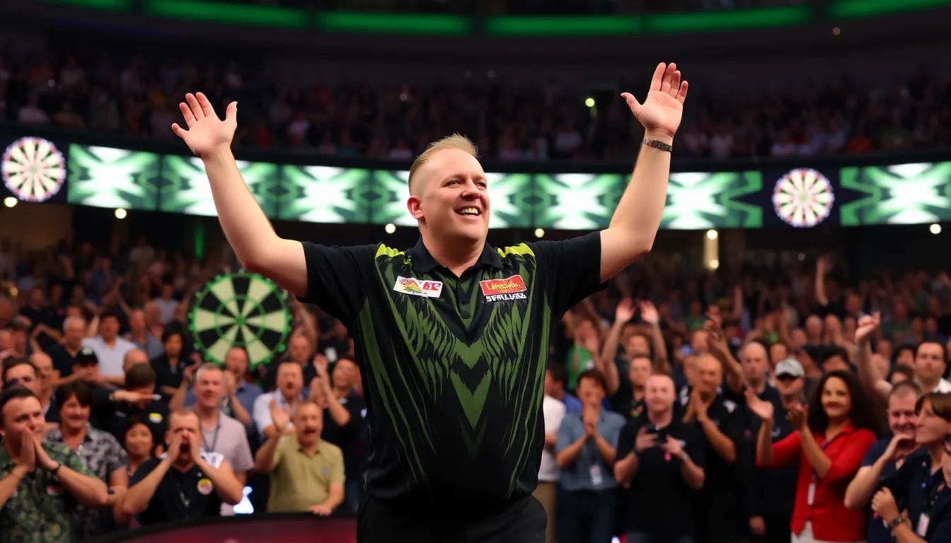 Fans in the crowd display mixed emotions, with some cheering for van Gerwen while others express concern for Wright's unexpected exit