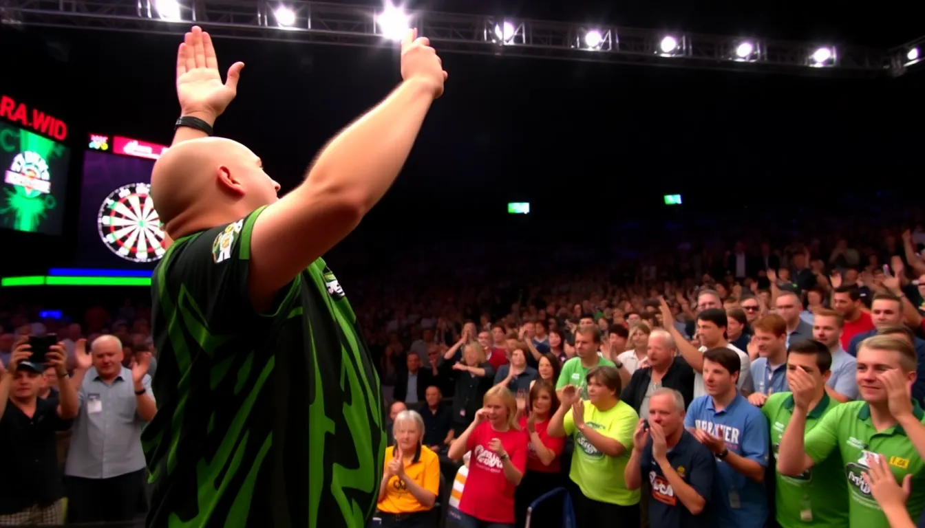 The PDC World Championship stage is set with bright lights and a lively atmosphere, highlighting the excitement surrounding the ongoing tournament
