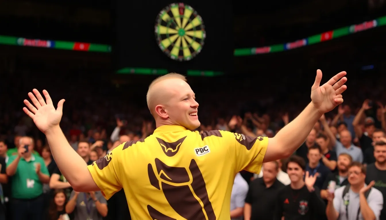 Michael van Gerwen celebrates his victory at the PDC World Championship as Peter Wright looks dejected after his unexpected defeat.