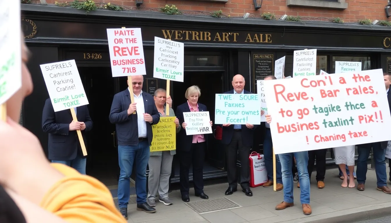 Pub owners gather outside a local establishment, holding signs and expressing their frustration over recent business rates changes that threaten their livelihoods.