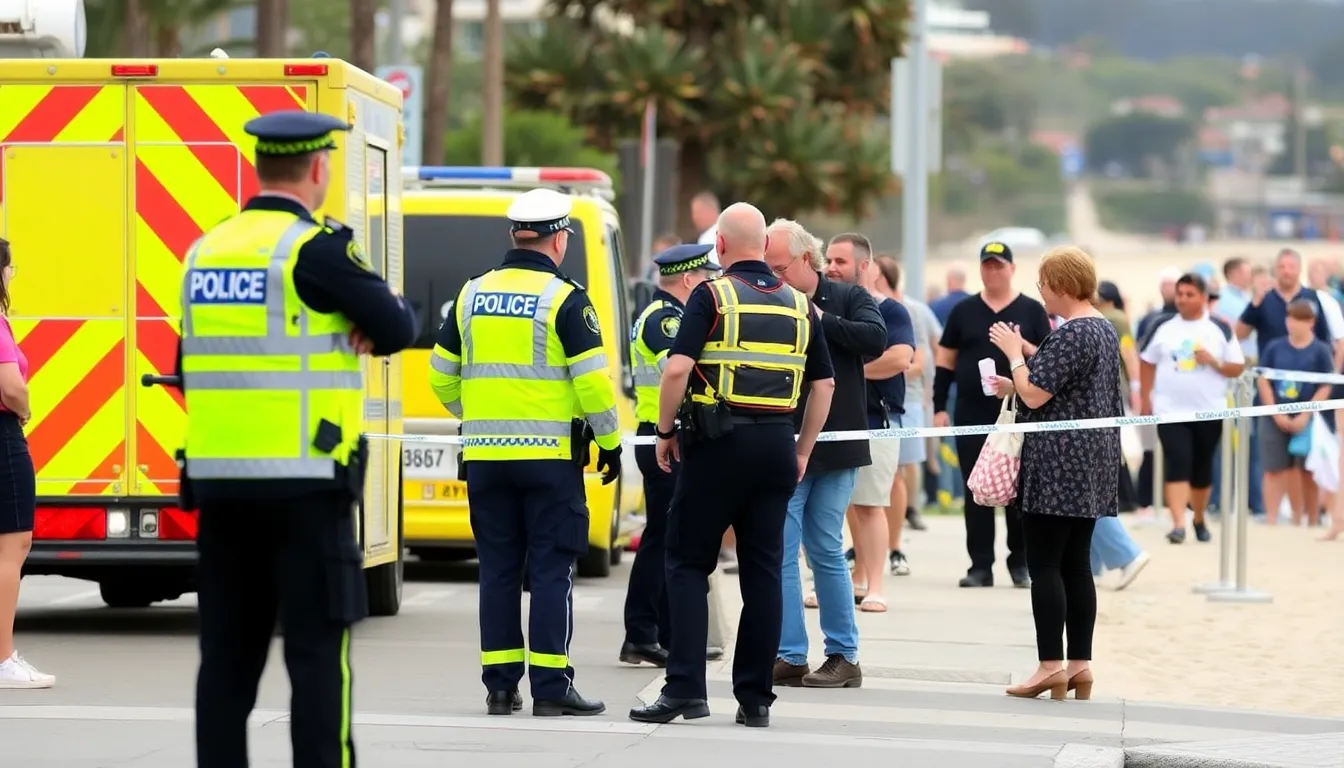 A group of individuals assist law enforcement as they work to secure the scene and manage the aftermath of the Bondi Beach shooting
