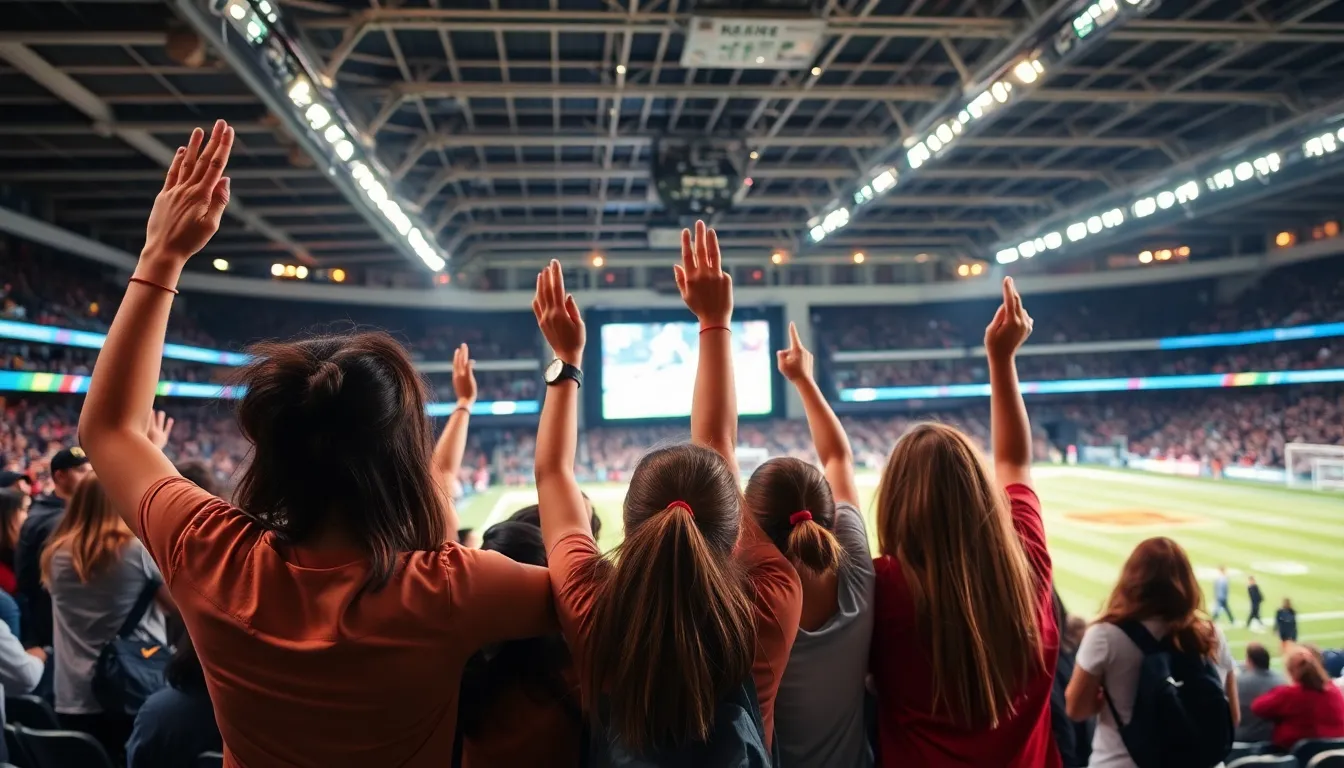 A diverse group of female sports fans cheer enthusiastically in a stadium, holding banners and wearing team jerseys, as they celebrate a local team's victory.