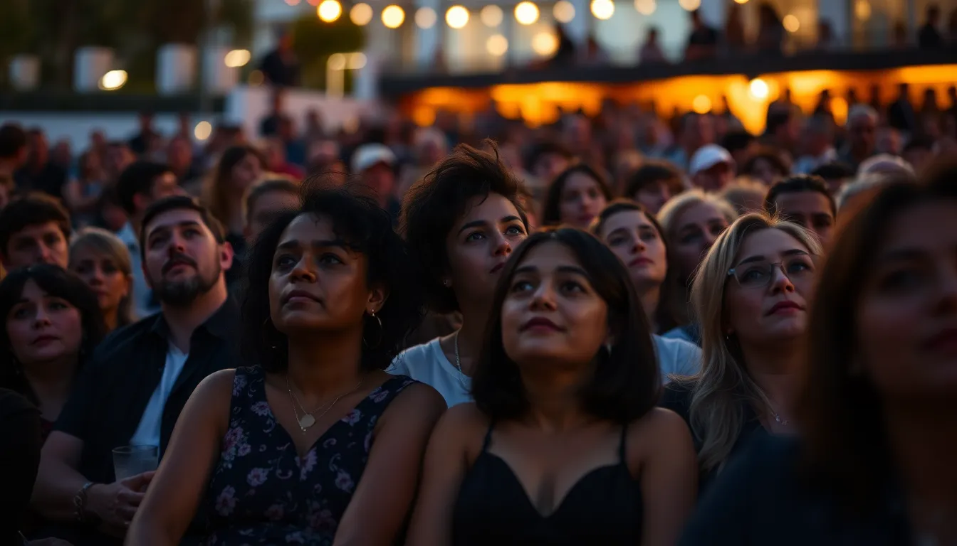 A crowd gathers outside a theater, eagerly discussing the latest independent film releases while a marquee displays the titles of overlooked movies.