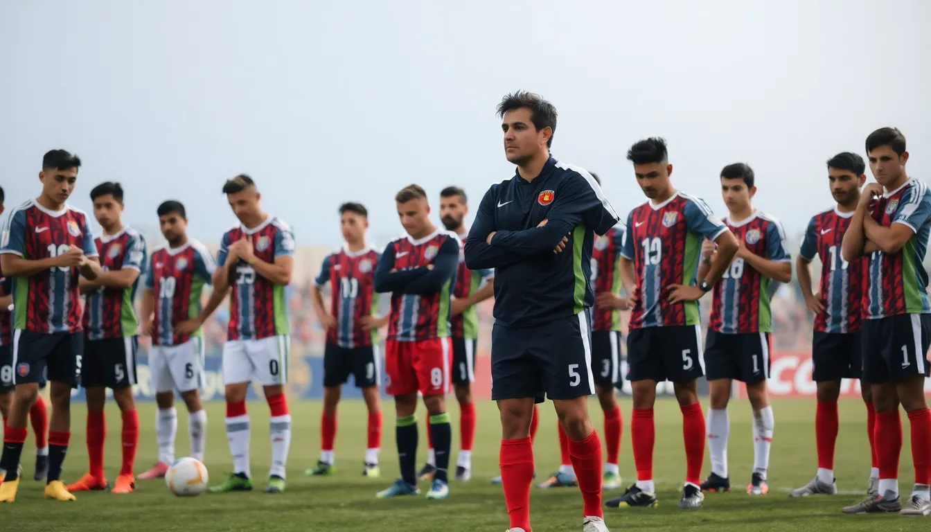 Rúben Amorim stands at a press conference table with a serious expression, reflecting on his team's unexpected loss to FC Porto, as reporters gather around him.