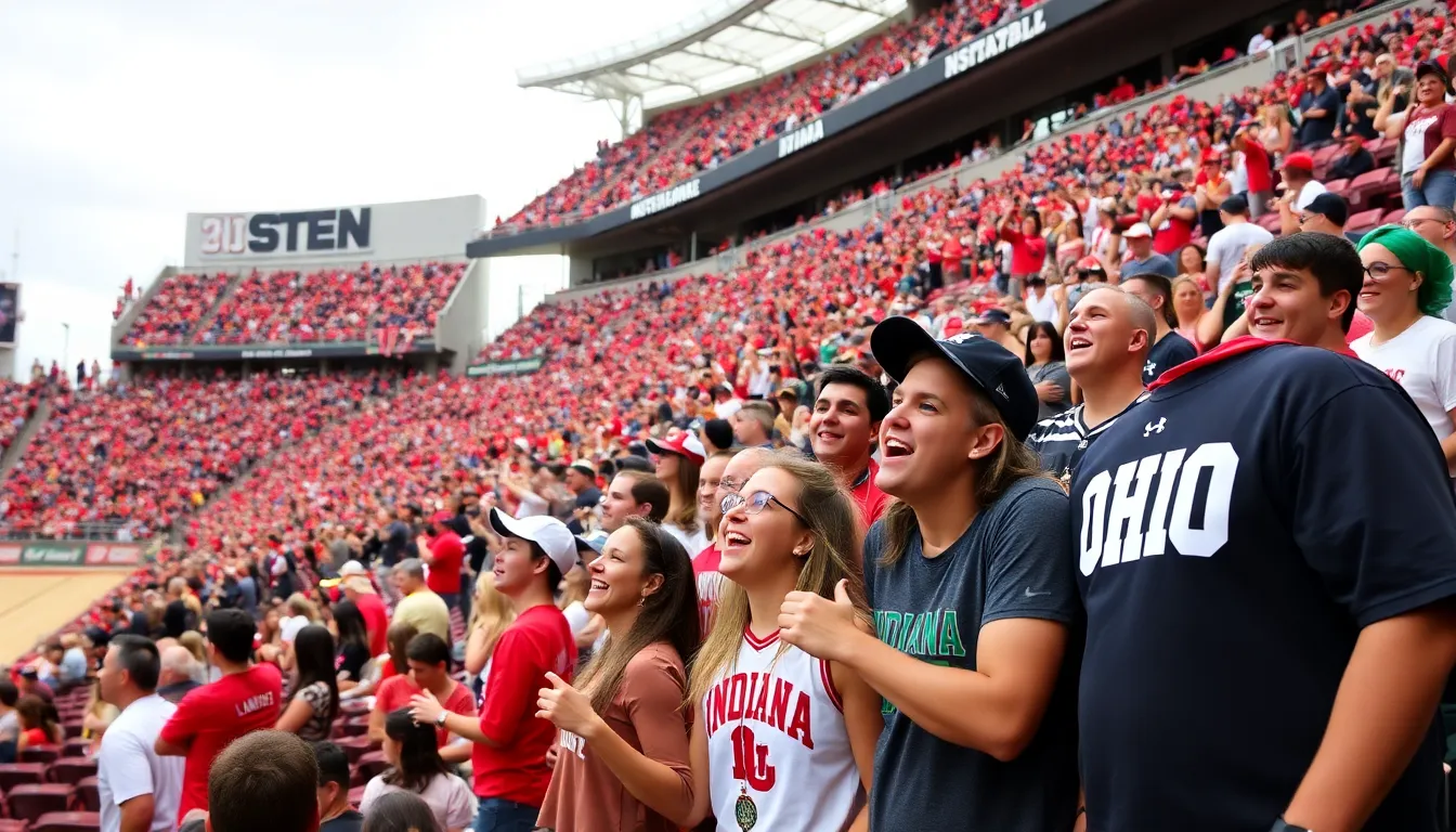 Fans gather in a stadium, wearing team colors and holding banners, as they eagerly await the kickoff of the Big Ten Championship game between Indiana and Ohio State.