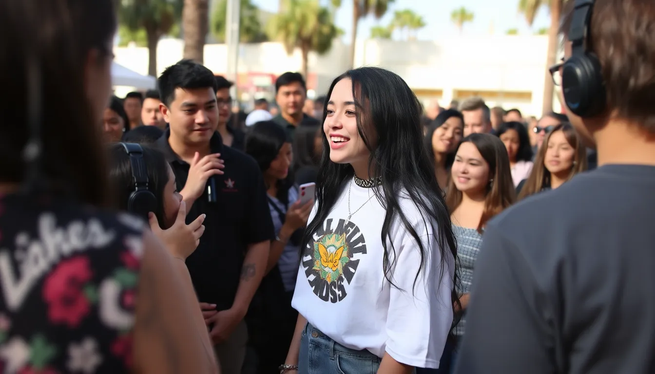 Billie Eilish performs on stage in Los Angeles, captivating a crowd of enthusiastic fans with her unique style and powerful vocals.