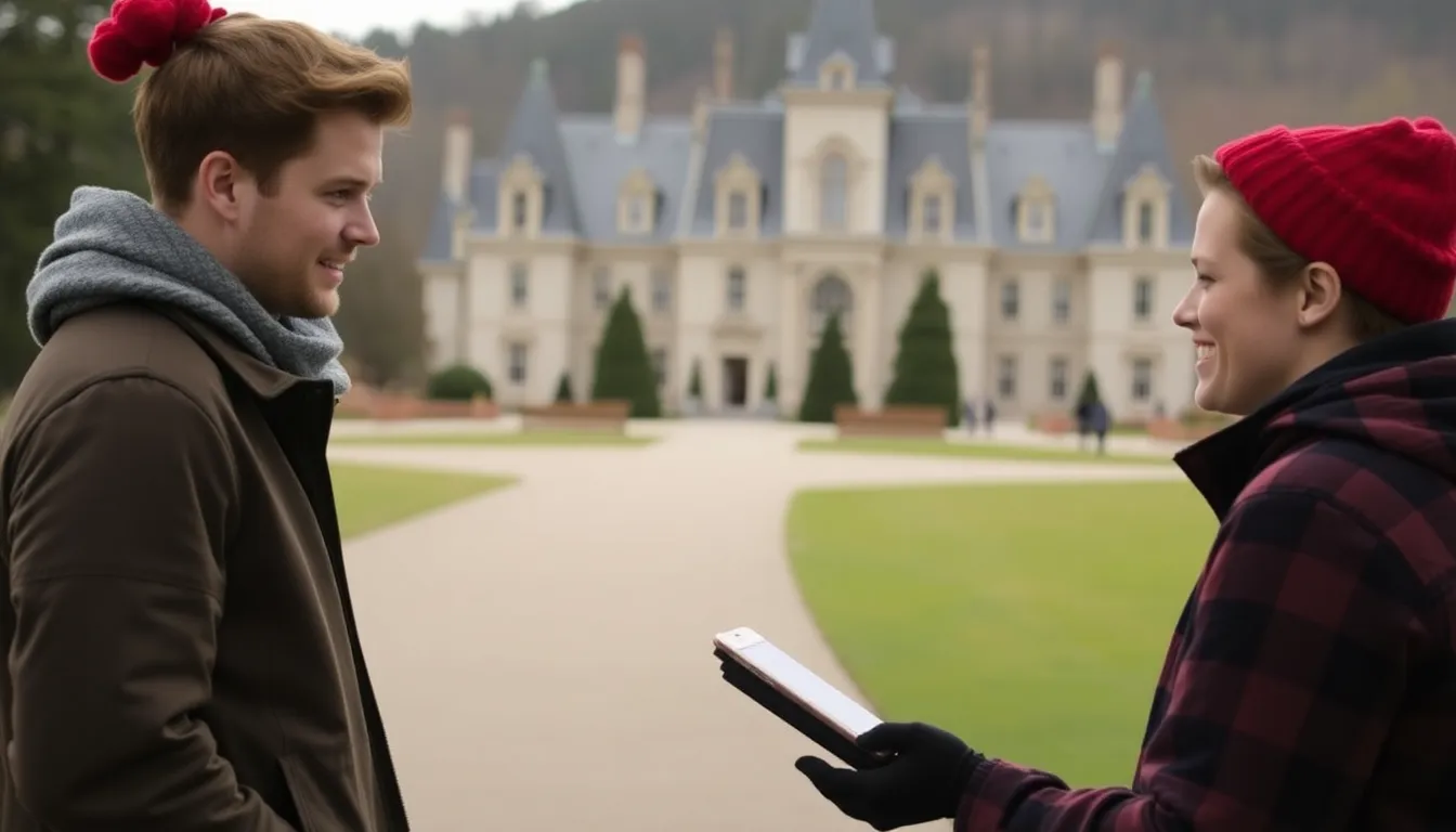 Actors Holland Roden and Niall Matter stand on the grand staircase of the Biltmore Estate, adorned with festive decorations, as they prepare for the filming of Hallmark's second Christmas movie.