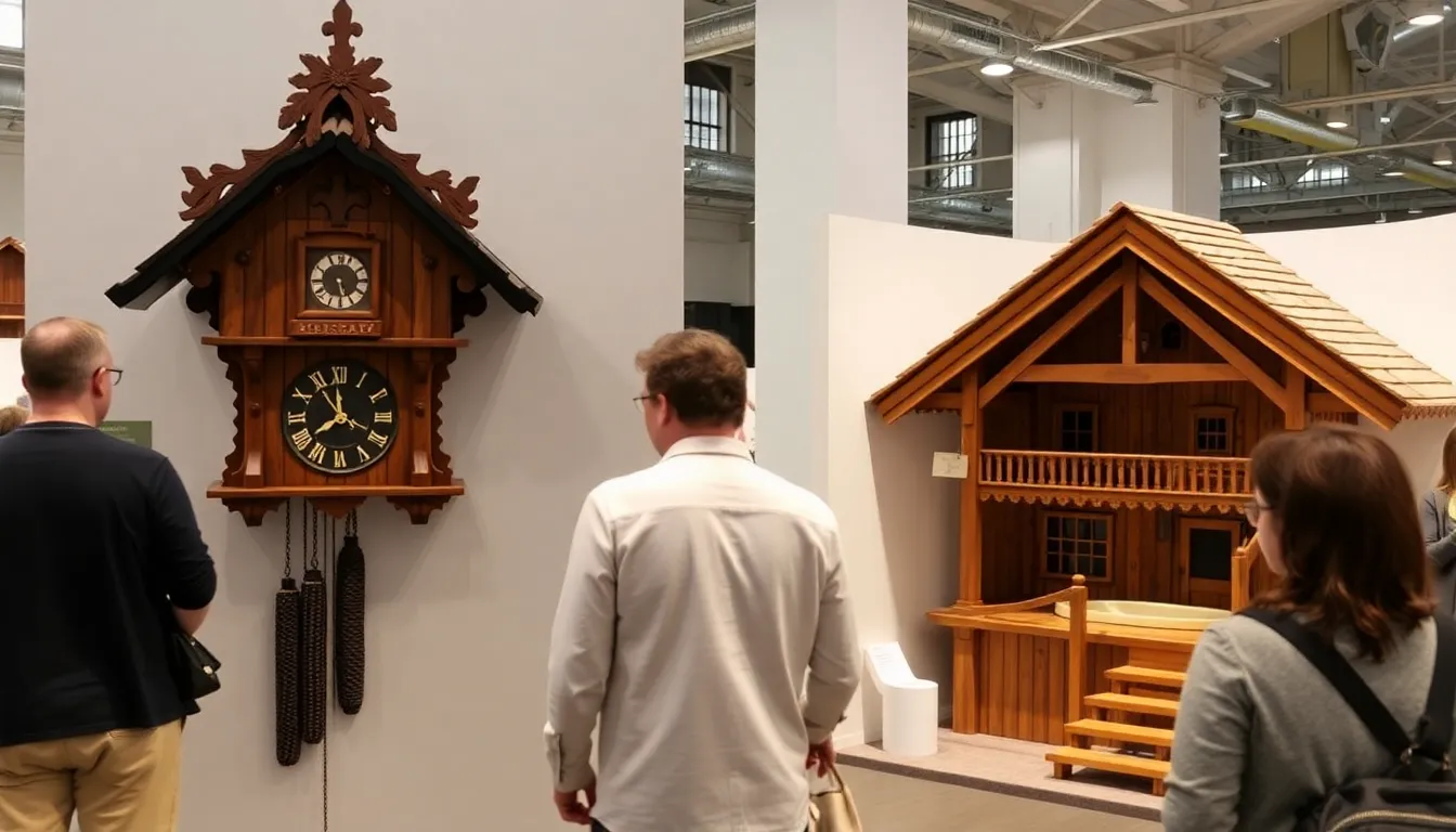 Visitors admire a modern cuckoo clock displayed in a shop window, showcasing the blend of traditional craftsmanship and contemporary design in the Black Forest region.