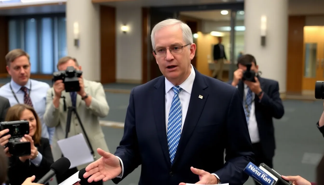 Minister for Finance Jim Bowen speaks at a podium during a press conference addressing the recent changes to travel expenses rules, surrounded by reporters and cameras.