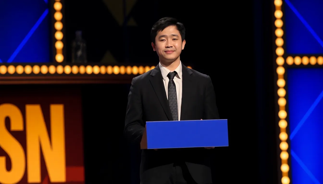 Bowen Yang stands on stage at SNL, holding a microphone and smiling as he delivers an emotional farewell message to the audience.