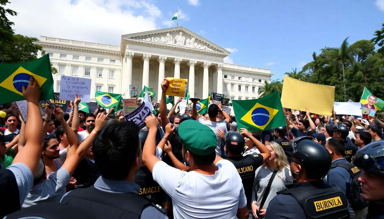 Supporters of Jair Bolsonaro gather outside a Brazilian prison, holding banners and flags while expressing their support for the former president's temporary release for medical surgery.