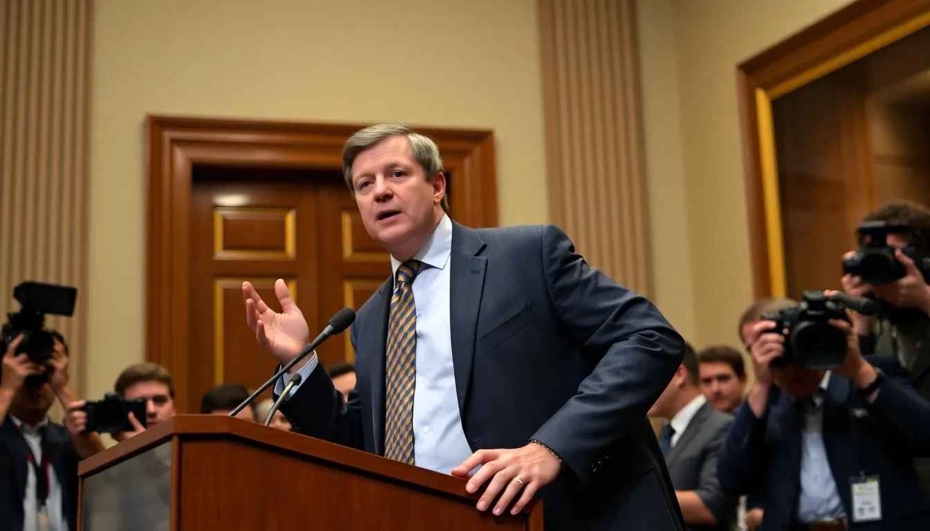 Brendan Carr speaks at a podium during a public event, expressing his concerns about the independence of the Federal Communications Commission amid political pressures.